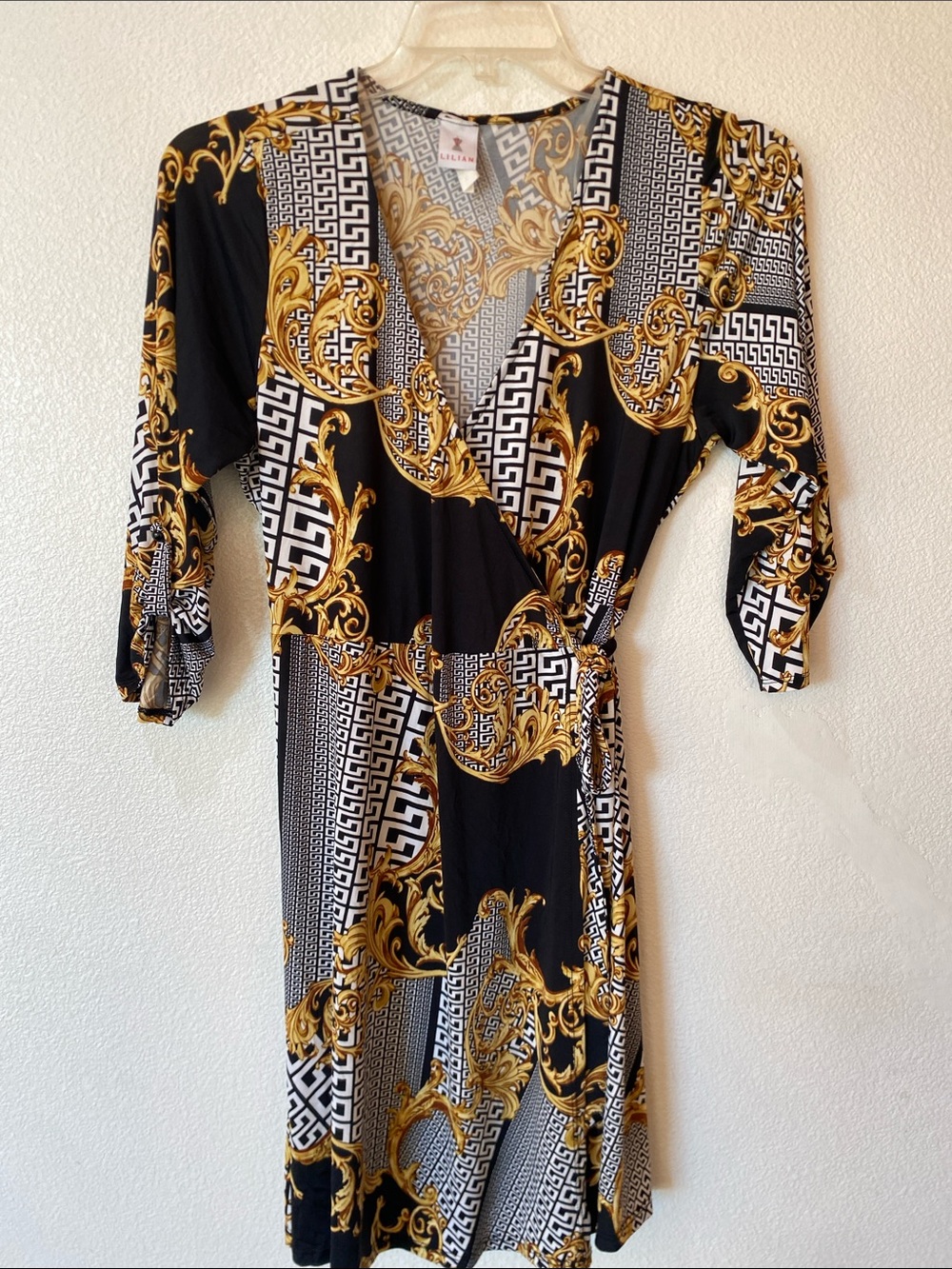 Lilian mini wrap dress Womens 2X Black & Gold Baroque Wrap roll tab 3/4 sleeves